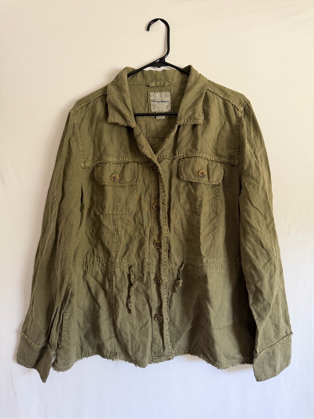 Tommy Bahama Two Palms Jacket Women's L Green 100% Linen Raw-Edge Button Front